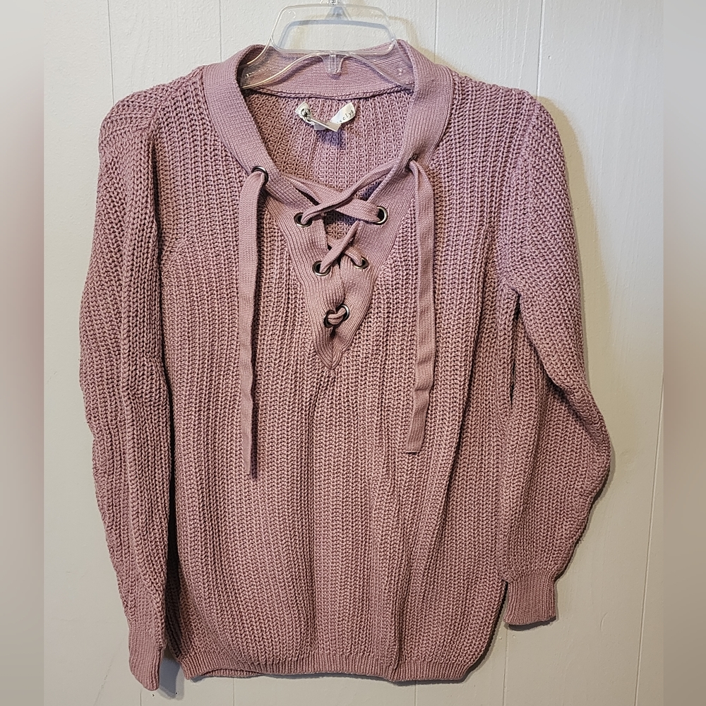 Kaisely Sweater Pink Cable Style Medium Lace Up Front Casual Preppy‎ Boho B225
